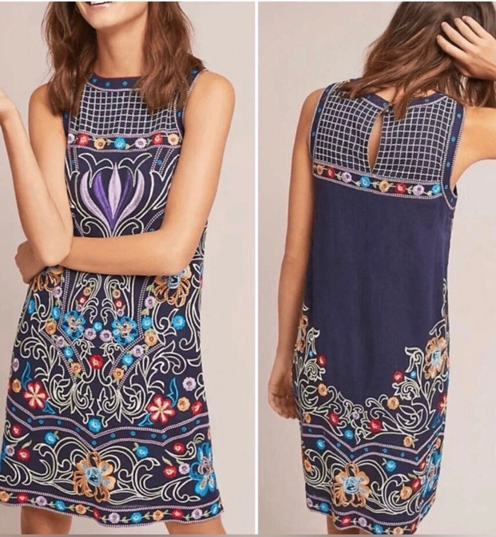 Anthropologie Maeve Kira Embroidered Navy Blue Shift Dress Size: 4 (Small)